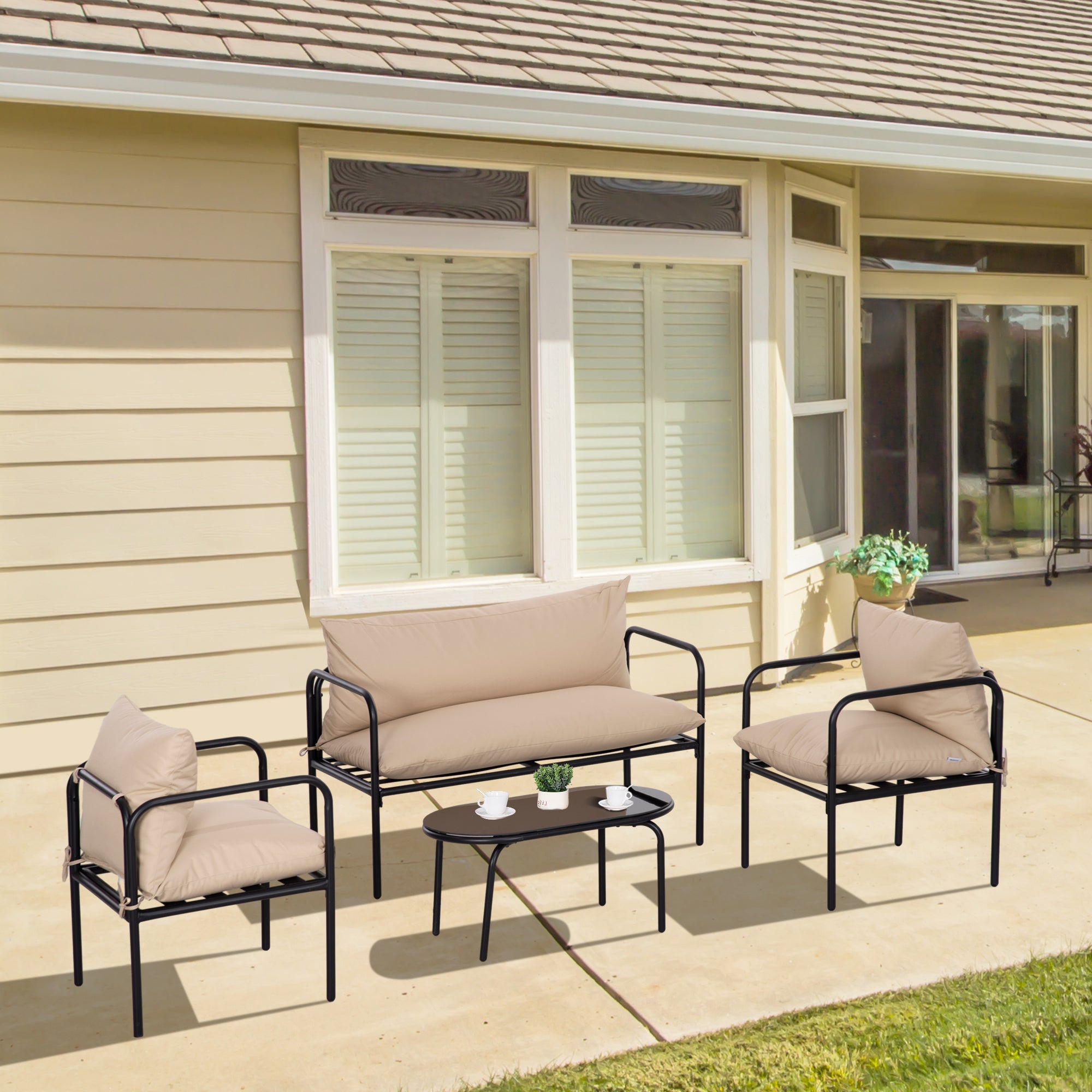 4-Piece Garden Furniture Set, Patio Set with 2 Chairs, 1 Glass Coffee Table, 1 Two-Seater, Seating Group with Cushions, Lounge Set for Balcony, Terrace, Steel, Khaki