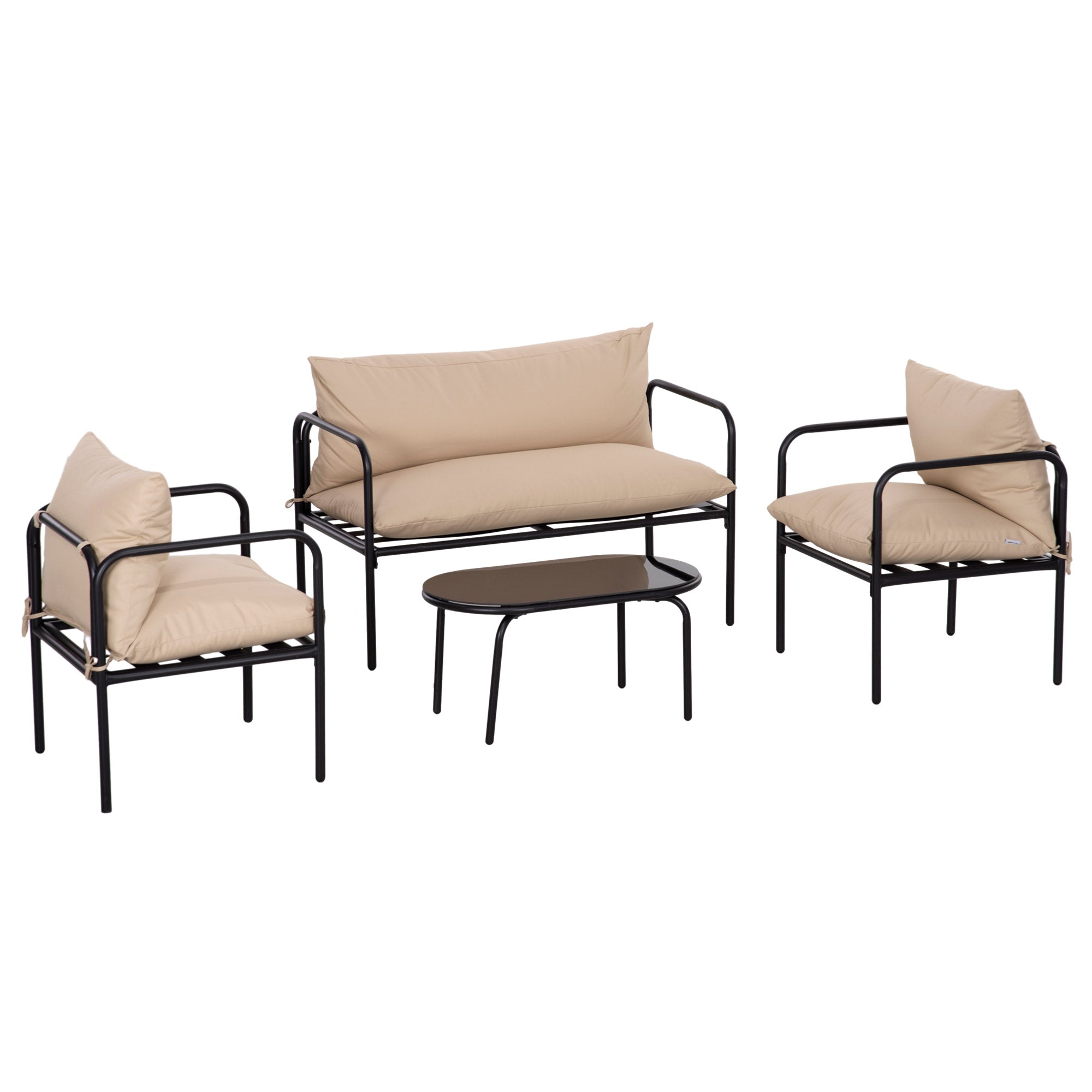 4-Piece Garden Furniture Set, Patio Set with 2 Chairs, 1 Glass Coffee Table, 1 Two-Seater, Seating Group with Cushions, Lounge Set for Balcony, Terrace, Steel, Khaki