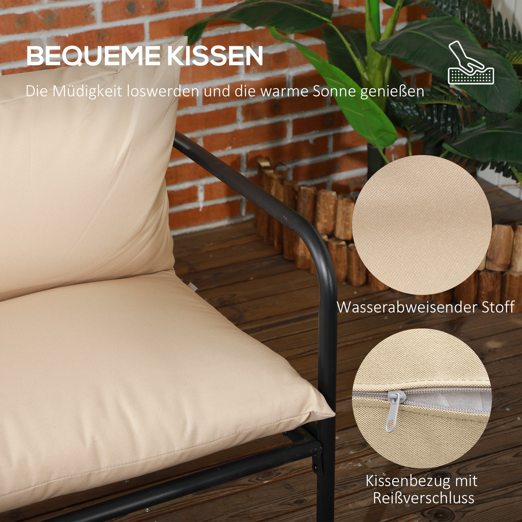 4-Piece Garden Furniture Set, Patio Set with 2 Chairs, 1 Glass Coffee Table, 1 Two-Seater, Seating Group with Cushions, Lounge Set for Balcony, Terrace, Steel, Khaki