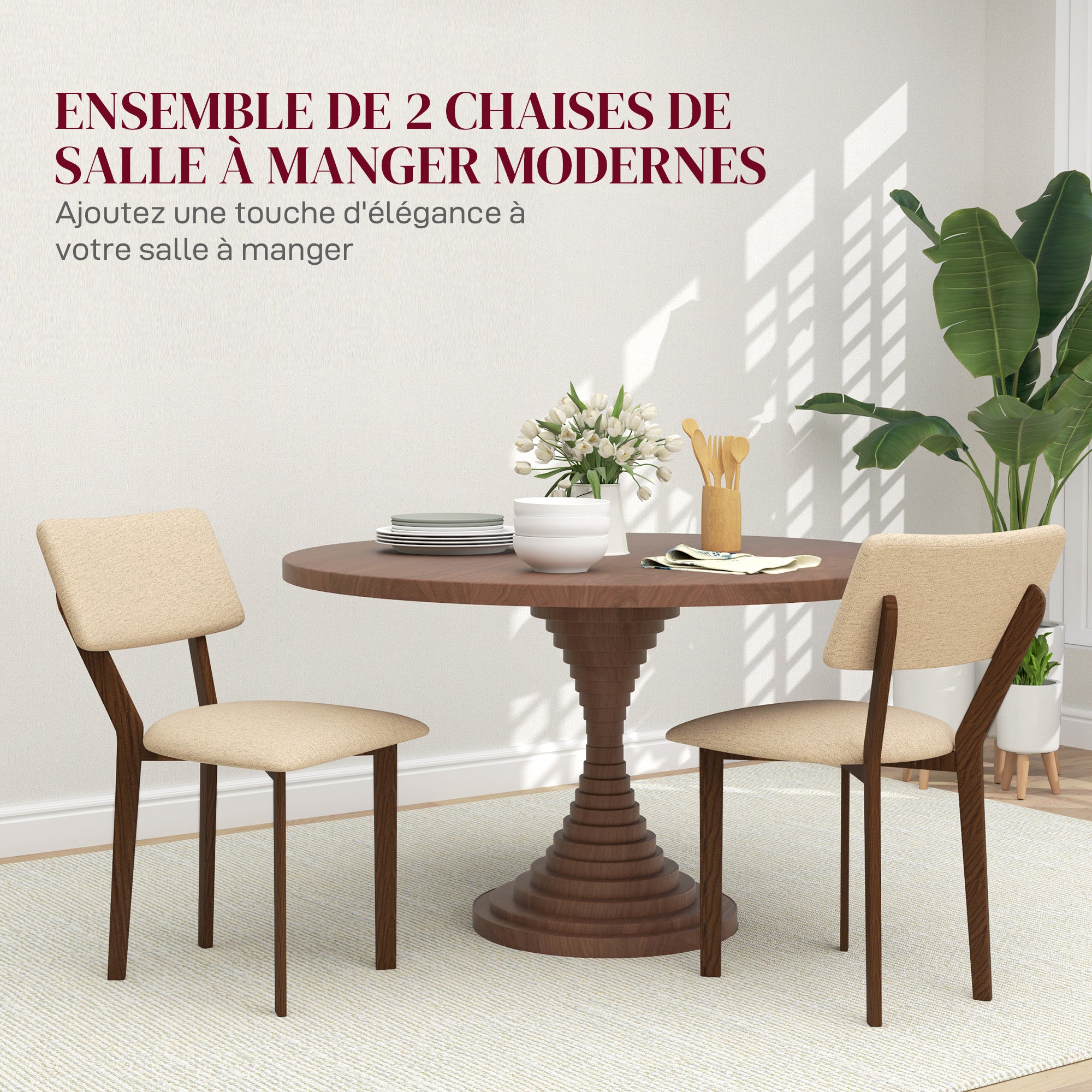 Set of 2 Dining Chairs, Kitchen Chairs, Armless, with Backrest, Solid Wood Legs, Linen Fabric, for Living Room, Dining Room, Bedroom, Beige