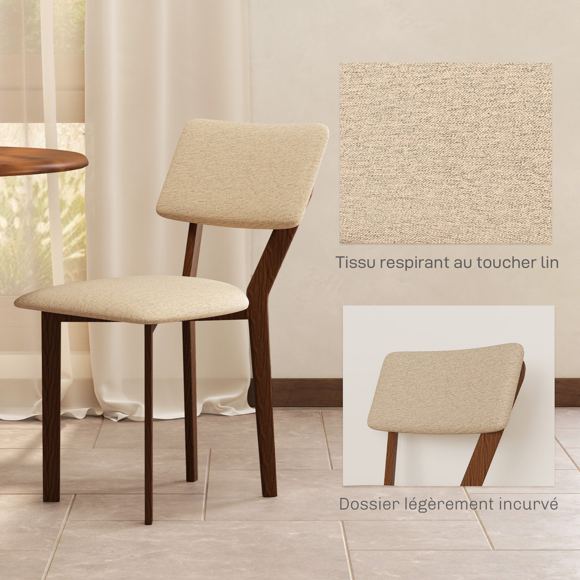 Set of 2 Dining Chairs, Kitchen Chairs, Armless, with Backrest, Solid Wood Legs, Linen Fabric, for Living Room, Dining Room, Bedroom, Beige