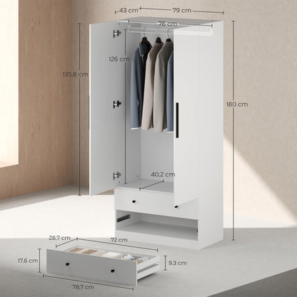 Wardrobe Multipurpose Cabinet 2-door with Deep Interior Design, Clothing Rail, and 2 Drawers Wardrobe for Bedroom 79 x 43 x 180 cm White