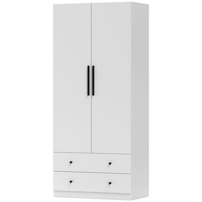 Wardrobe Multipurpose Cabinet 2-door with Deep Interior Design, Clothing Rail, and 2 Drawers Wardrobe for Bedroom 79 x 43 x 180 cm White