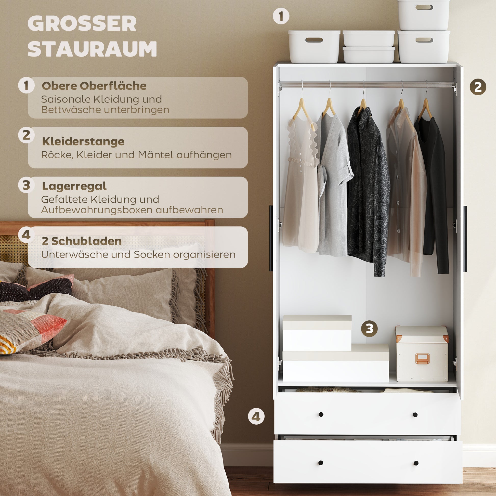 Wardrobe Multipurpose Cabinet 2-door with Deep Interior Design, Clothing Rail, and 2 Drawers Wardrobe for Bedroom 79 x 43 x 180 cm White