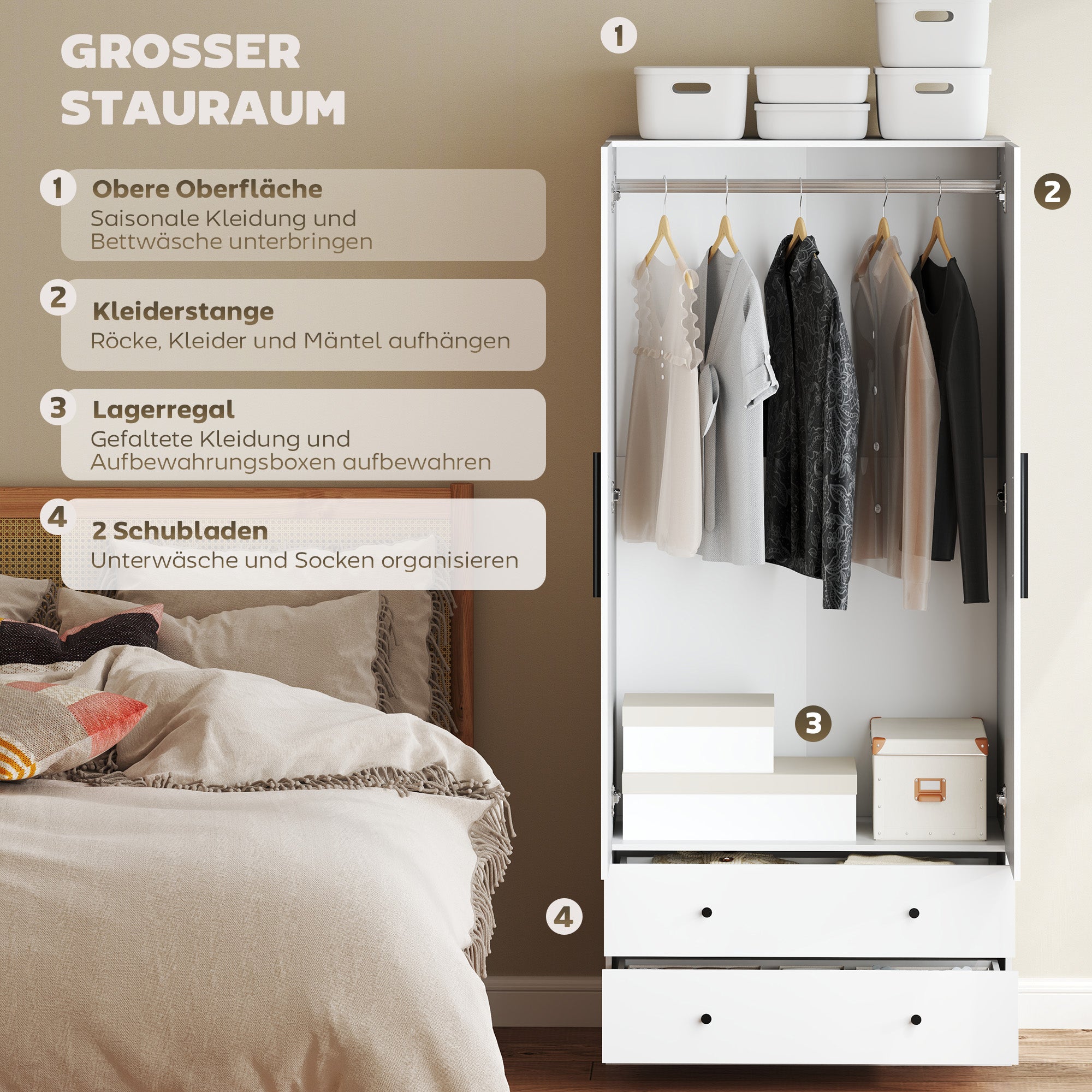 Wardrobe Multipurpose Cabinet 2-door with Deep Interior Design, Clothing Rail, and 2 Drawers Wardrobe for Bedroom 79 x 43 x 180 cm White