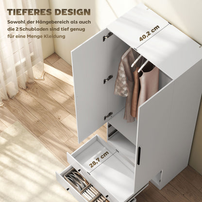 Wardrobe Multipurpose Cabinet 2-door with Deep Interior Design, Clothing Rail, and 2 Drawers Wardrobe for Bedroom 79 x 43 x 180 cm White