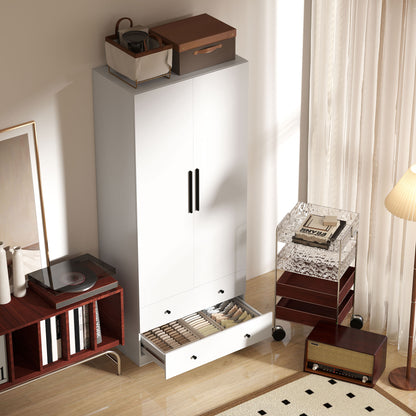 Wardrobe Multipurpose Cabinet 2-door with Deep Interior Design, Clothing Rail, and 2 Drawers Wardrobe for Bedroom 79 x 43 x 180 cm White