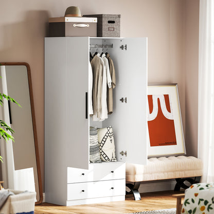 Wardrobe Multipurpose Cabinet 2-door with Deep Interior Design, Clothing Rail, and 2 Drawers Wardrobe for Bedroom 79 x 43 x 180 cm White