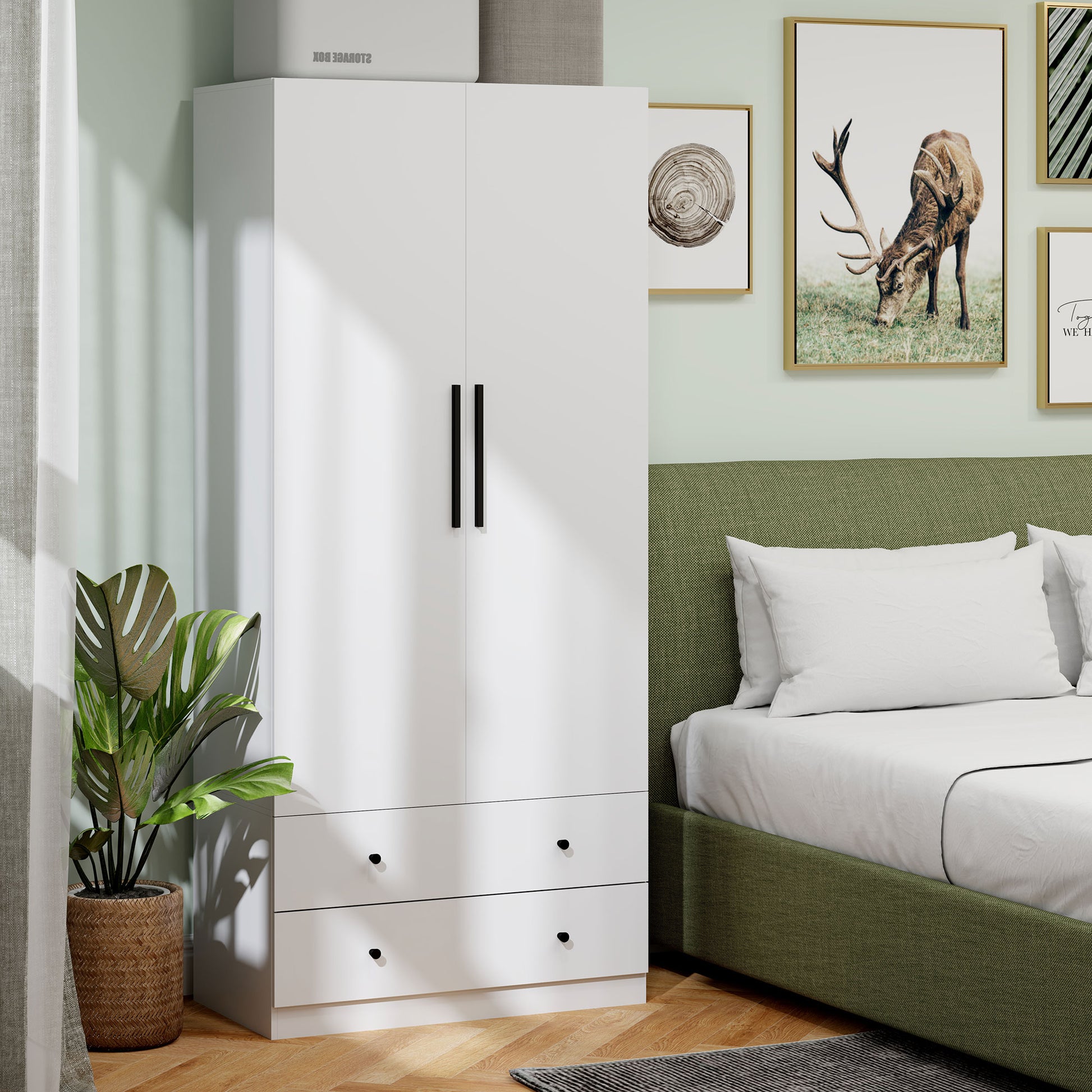 Wardrobe Multipurpose Cabinet 2-door with Deep Interior Design, Clothing Rail, and 2 Drawers Wardrobe for Bedroom 79 x 43 x 180 cm White