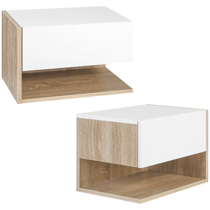 Set of 2 Suspended Bedside Tables - Wall-mounted Nightstands - Sliding Drawer - Two-tone White Oak Aspect Wood