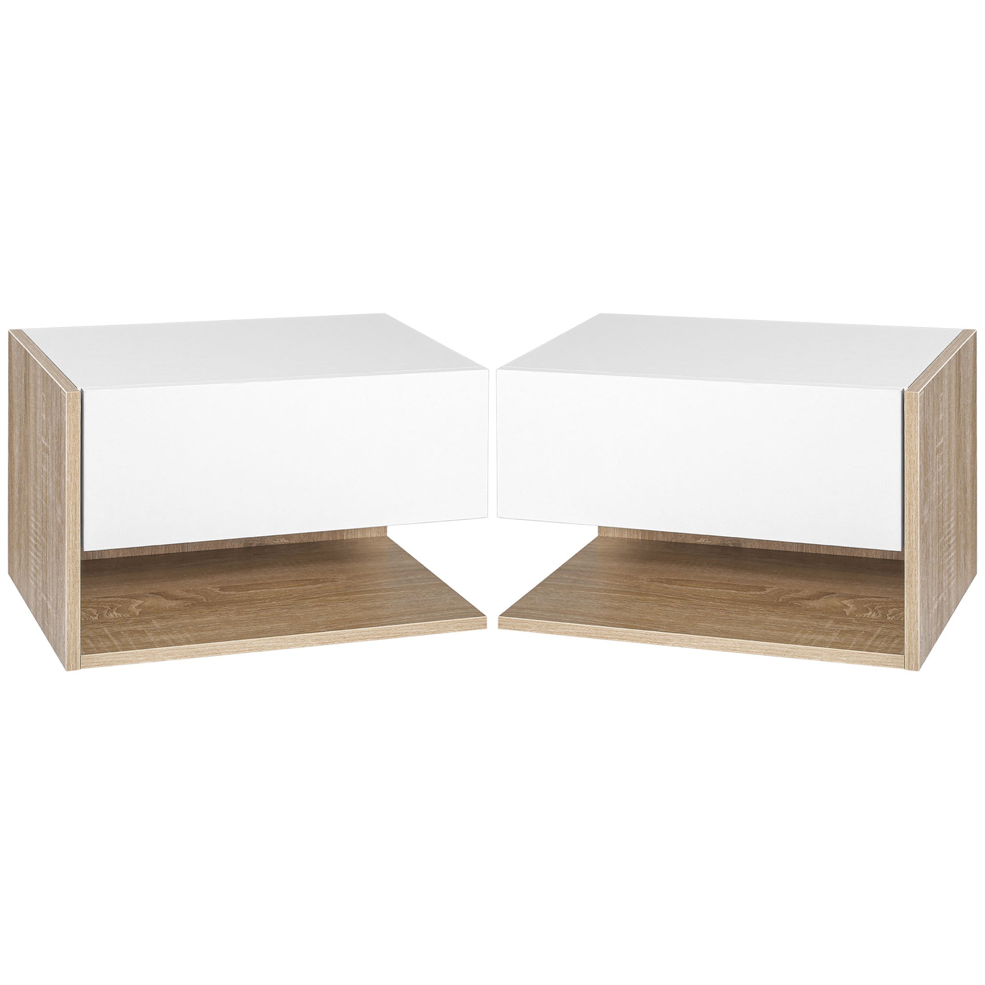 Set of 2 Suspended Bedside Tables - Wall-mounted Nightstands - Sliding Drawer - Two-tone White Oak Aspect Wood