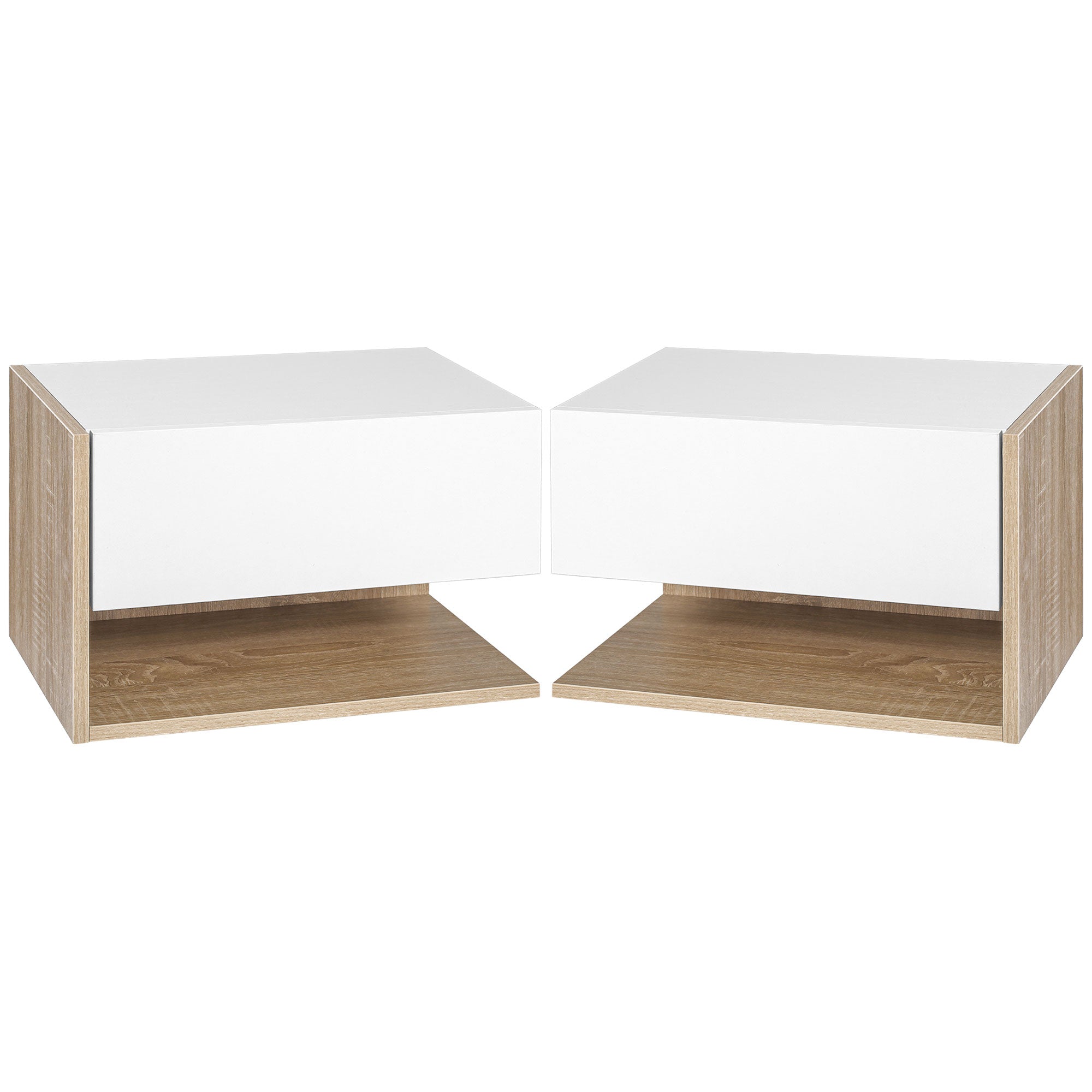 Set of 2 Suspended Bedside Tables - Wall-mounted Nightstands - Sliding Drawer - Two-tone White Oak Aspect Wood