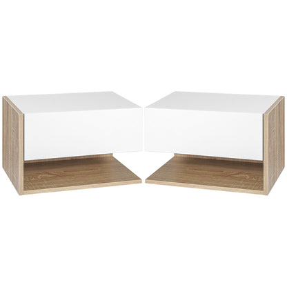 Set of 2 Suspended Bedside Tables - Wall-mounted Nightstands - Sliding Drawer - Two-tone White Oak Aspect Wood
