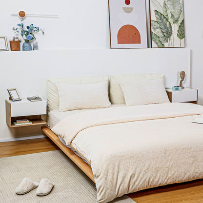 Set of 2 Suspended Bedside Tables - Wall-mounted Nightstands - Sliding Drawer - Two-tone White Oak Aspect Wood