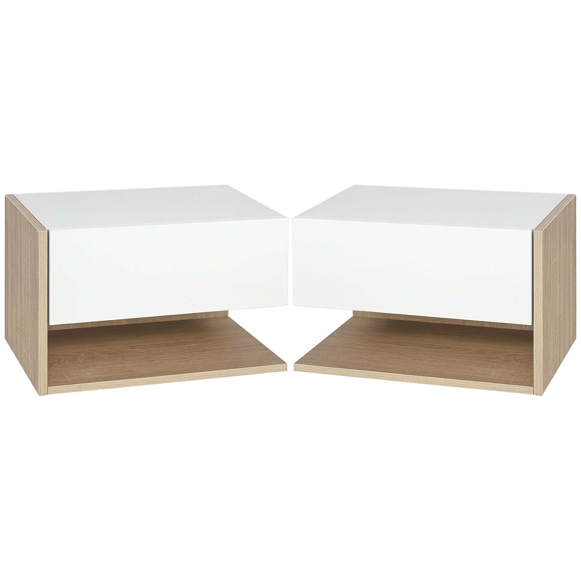 Set of 2 Suspended Bedside Tables - Wall-mounted Nightstands - Sliding Drawer - Two-tone White Oak Aspect Wood