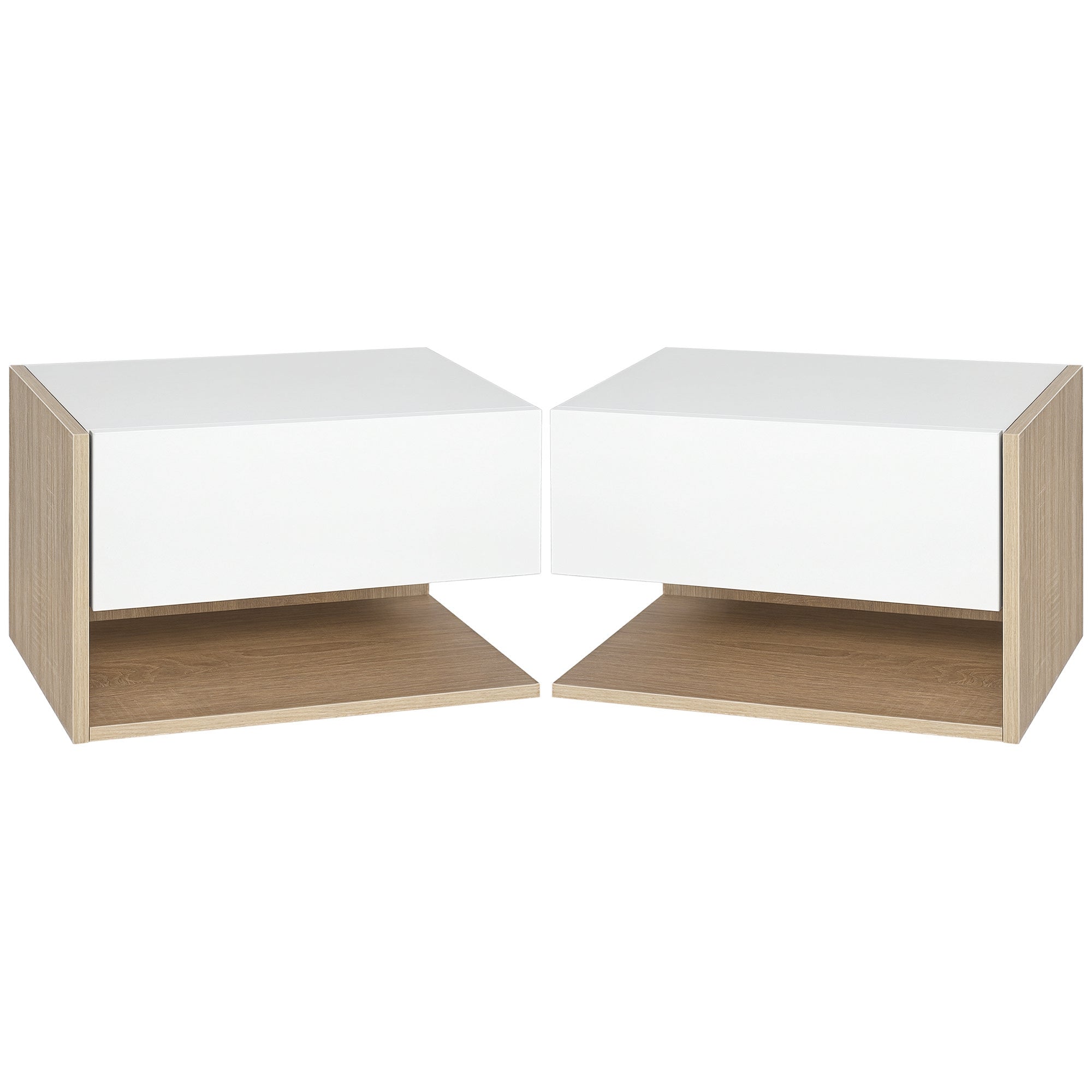 Set of 2 Suspended Bedside Tables - Wall-mounted Nightstands - Sliding Drawer - Two-tone White Oak Aspect Wood