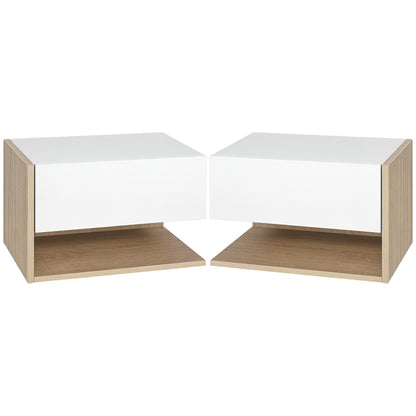 Set of 2 Suspended Bedside Tables - Wall-mounted Nightstands - Sliding Drawer - Two-tone White Oak Aspect Wood