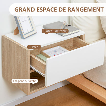 Set of 2 Suspended Bedside Tables - Wall-mounted Nightstands - Sliding Drawer - Two-tone White Oak Aspect Wood