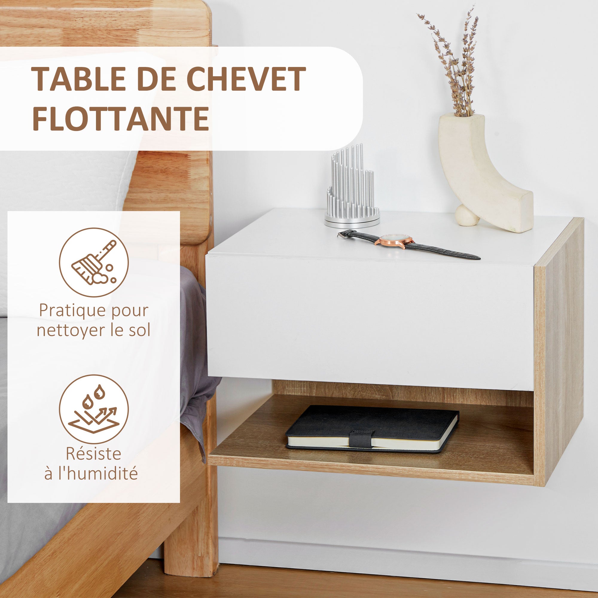 Set of 2 Suspended Bedside Tables - Wall-mounted Nightstands - Sliding Drawer - Two-tone White Oak Aspect Wood