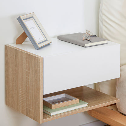 Set of 2 Suspended Bedside Tables - Wall-mounted Nightstands - Sliding Drawer - Two-tone White Oak Aspect Wood