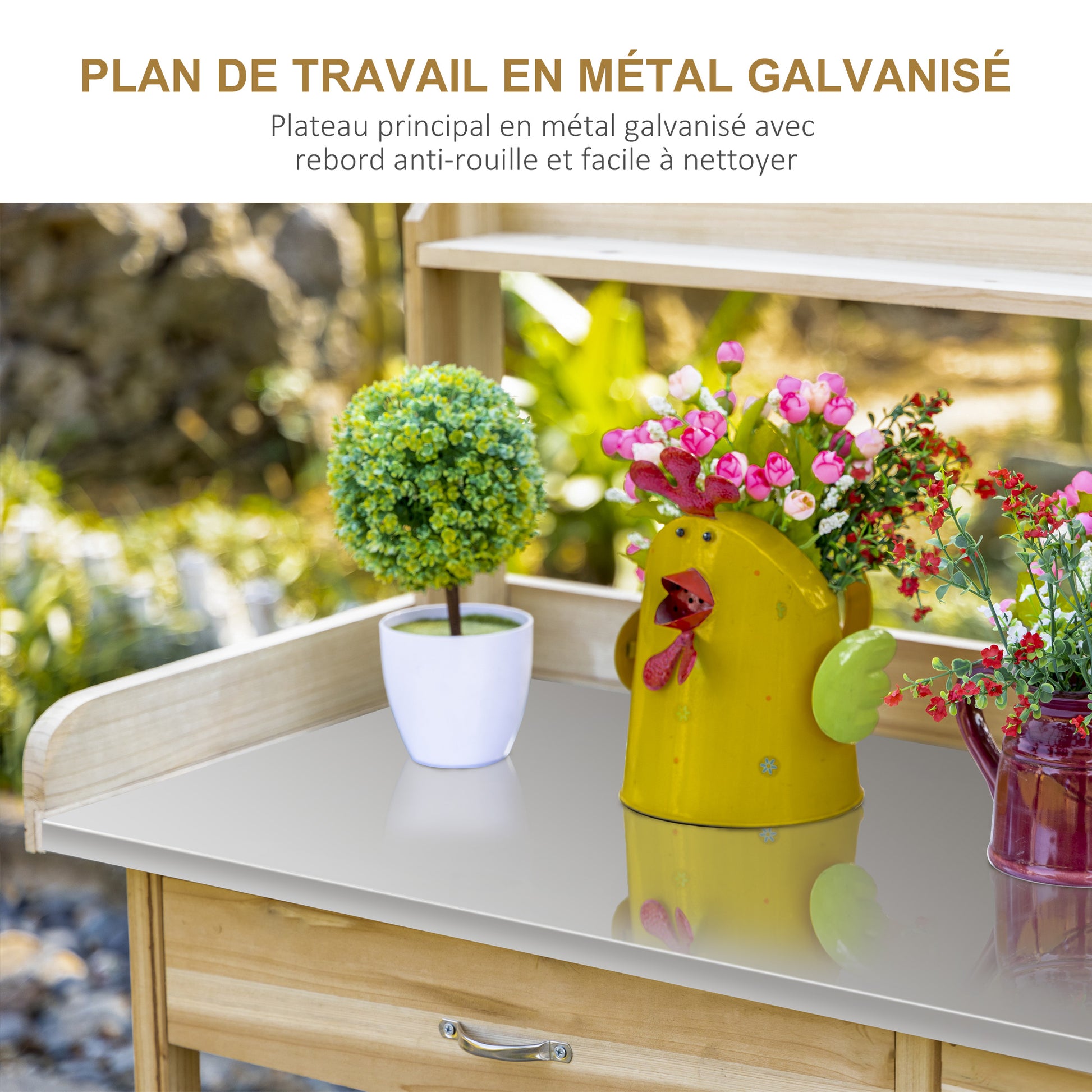 Planting Table Gardening Table with 2 Shelves, Drawer, Cupboard, Galvanized Steel Sheet Worktop with Edge, 3 Hooks - Fir Wood Planting Table