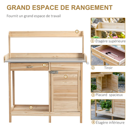 Planting Table Gardening Table with 2 Shelves, Drawer, Cupboard, Galvanized Steel Sheet Worktop with Edge, 3 Hooks - Fir Wood Planting Table