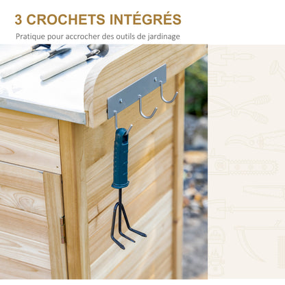 Planting Table Gardening Table with 2 Shelves, Drawer, Cupboard, Galvanized Steel Sheet Worktop with Edge, 3 Hooks - Fir Wood Planting Table