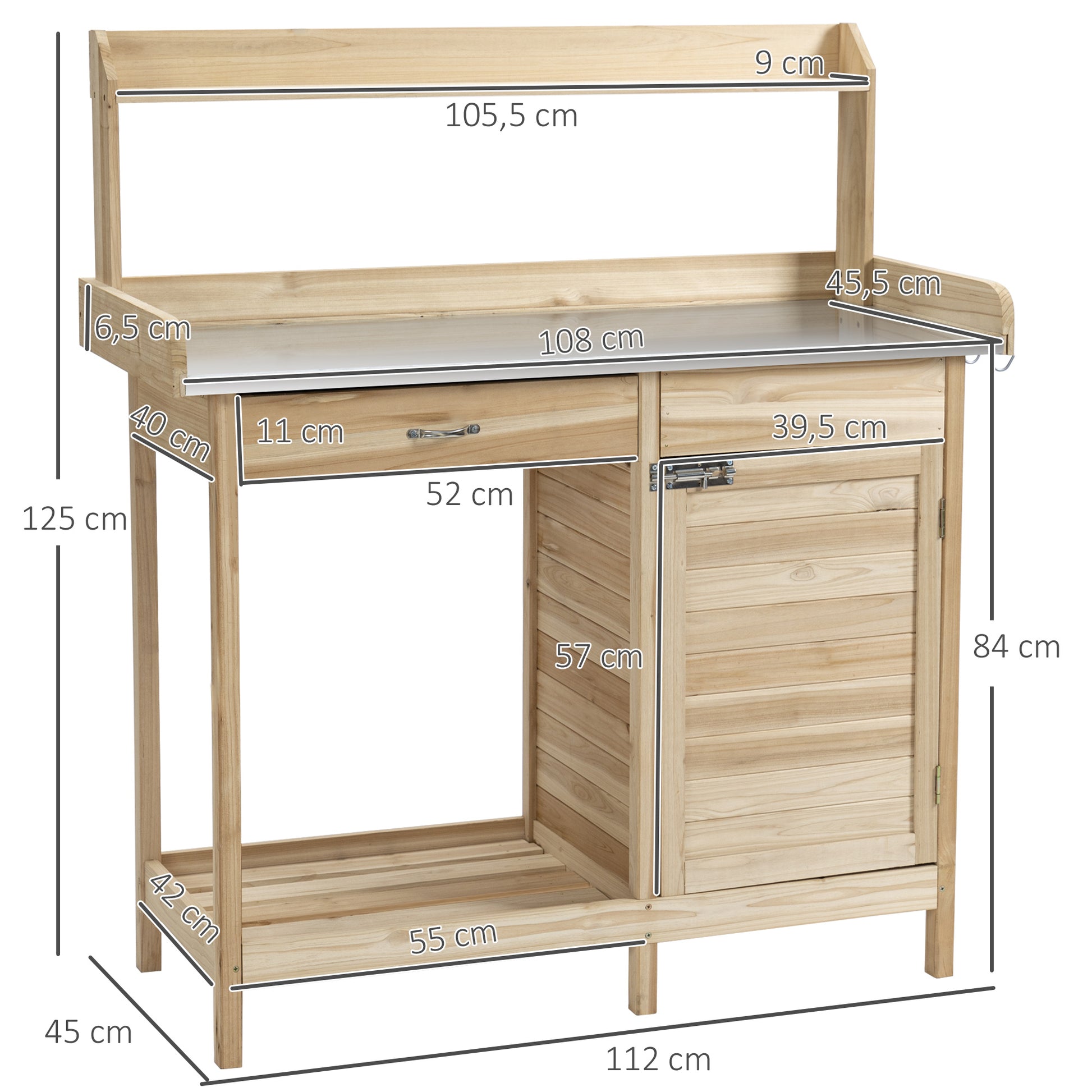 Planting Table Gardening Table with 2 Shelves, Drawer, Cupboard, Galvanized Steel Sheet Worktop with Edge, 3 Hooks - Fir Wood Planting Table