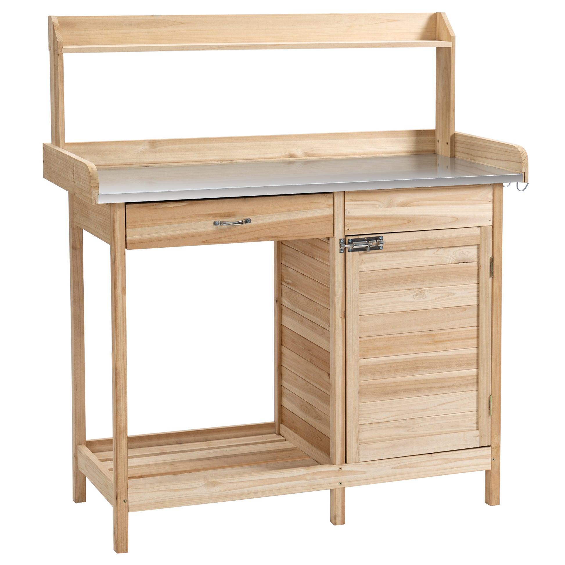 Planting Table Gardening Table with 2 Shelves, Drawer, Cupboard, Galvanized Steel Sheet Worktop with Edge, 3 Hooks - Fir Wood Planting Table