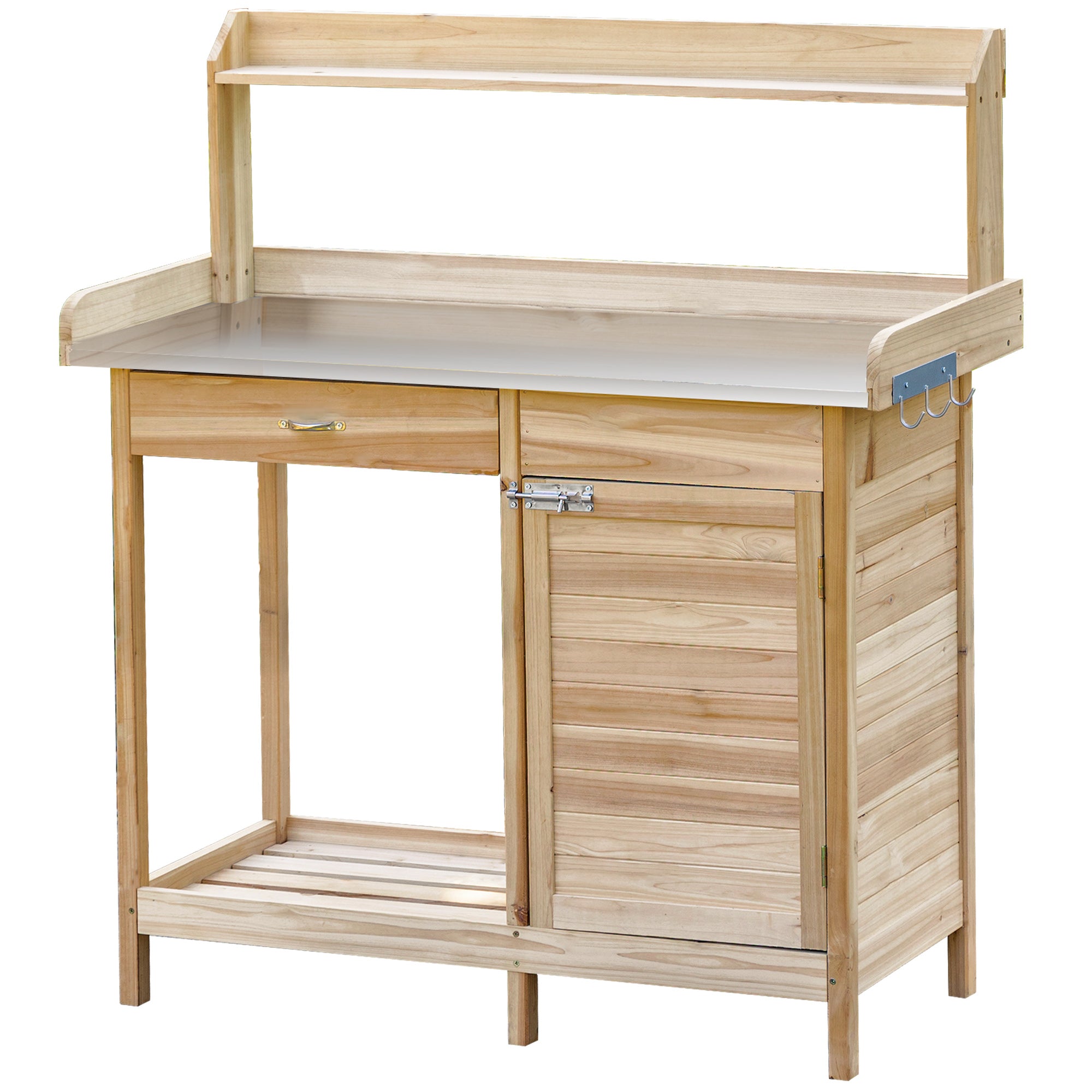 Planting Table Gardening Table with 2 Shelves, Drawer, Cupboard, Galvanized Steel Sheet Worktop with Edge, 3 Hooks - Fir Wood Planting Table