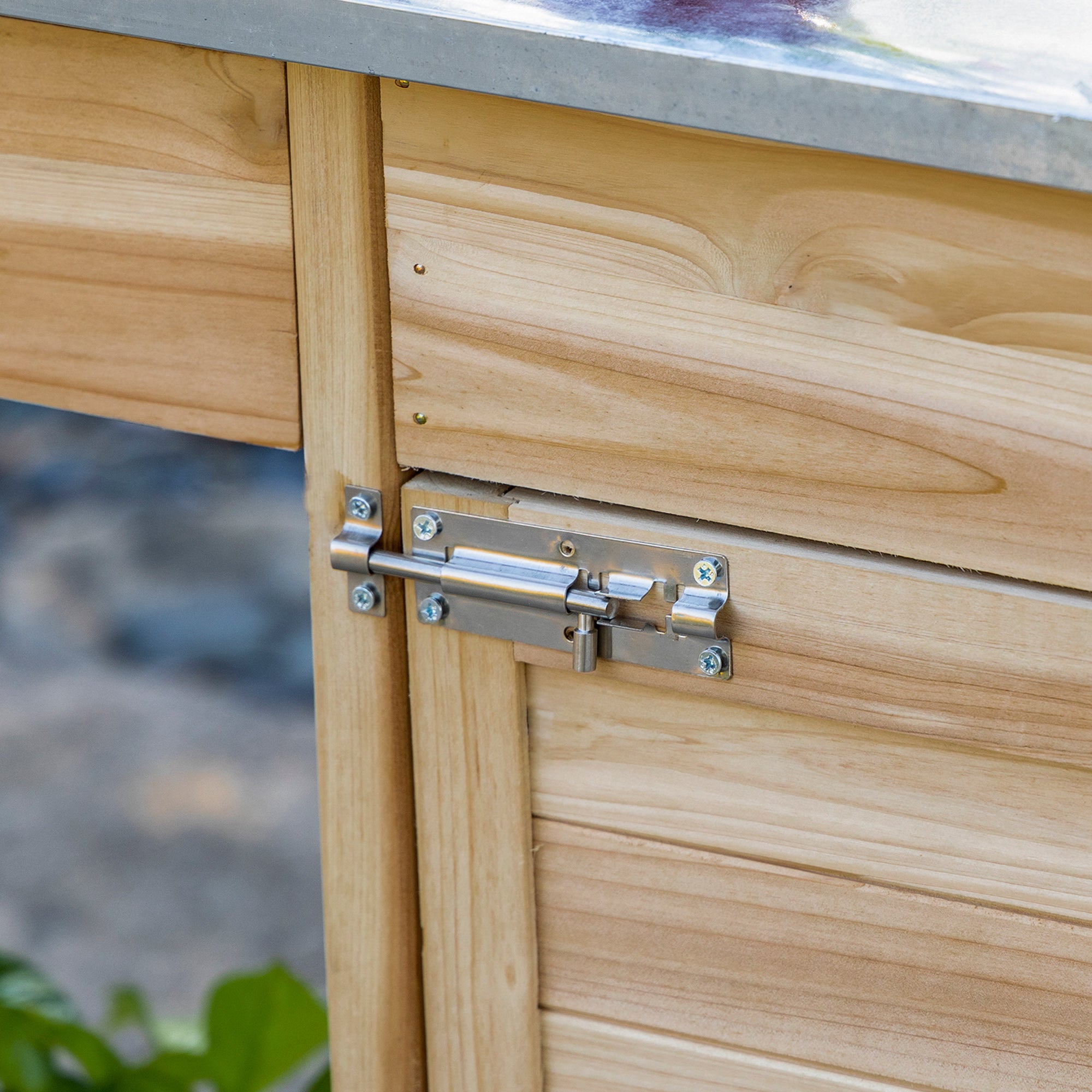 Planting Table Gardening Table with 2 Shelves, Drawer, Cupboard, Galvanized Steel Sheet Worktop with Edge, 3 Hooks - Fir Wood Planting Table