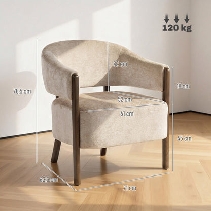 Chenille-Style Lounge Armchair with Wooden Legs, Modern Upholstered Accent Chair for Living Room & Bedroom, Beige