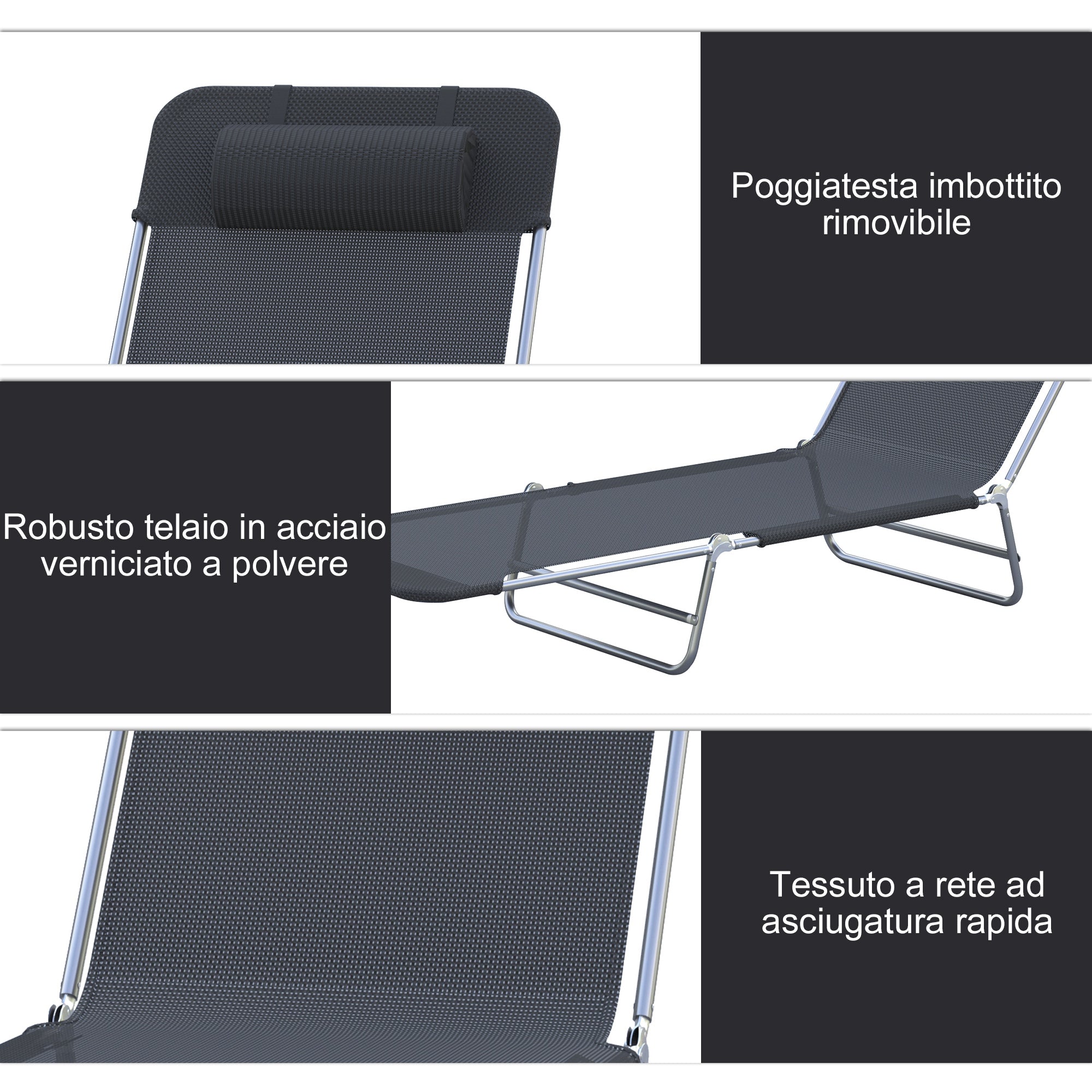Folding Sun Lounger with Reclining Backrest and Cushion, Garden, Beach and Camping Lounger, Black
