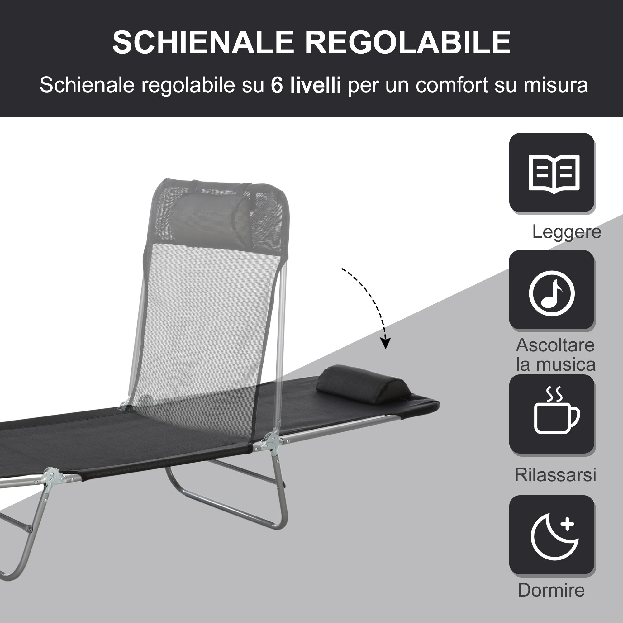 Folding Sun Lounger with Reclining Backrest and Cushion, Garden, Beach and Camping Lounger, Black