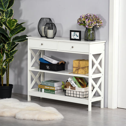 Entryway Console Table with 2 Drawers and 2 Lower Shelves Modern Furniture Raised Base Anti-Topple Device 100x30.5x80 cm White
