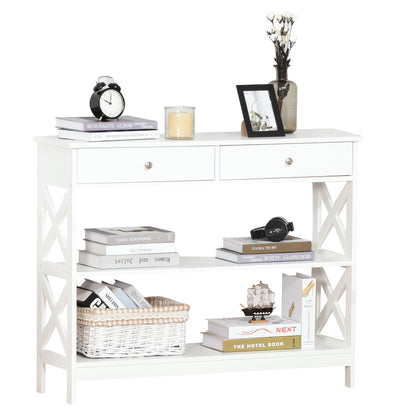 Entryway Console Table with 2 Drawers and 2 Lower Shelves Modern Furniture Raised Base Anti-Topple Device 100x30.5x80 cm White