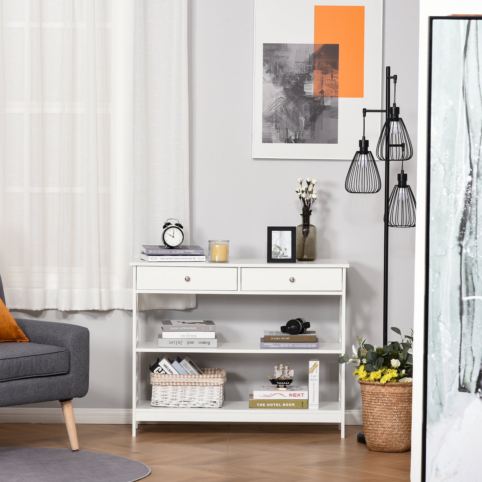 Entryway Console Table with 2 Drawers and 2 Lower Shelves Modern Furniture Raised Base Anti-Topple Device 100x30.5x80 cm White