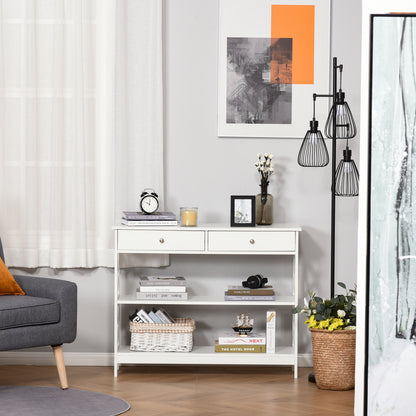 Entryway Console Table with 2 Drawers and 2 Lower Shelves Modern Furniture Raised Base Anti-Topple Device 100x30.5x80 cm White