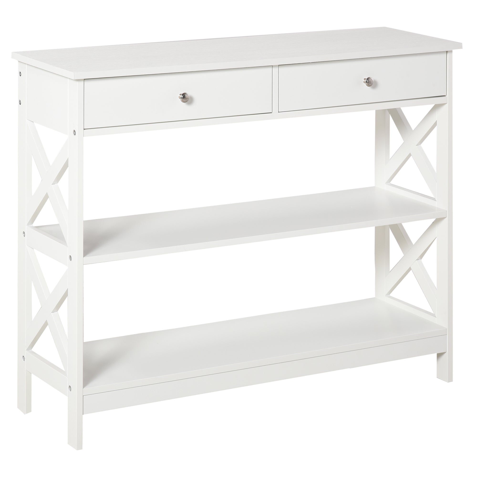 Entryway Console Table with 2 Drawers and 2 Lower Shelves Modern Furniture Raised Base Anti-Topple Device 100x30.5x80 cm White