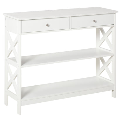 Entryway Console Table with 2 Drawers and 2 Lower Shelves Modern Furniture Raised Base Anti-Topple Device 100x30.5x80 cm White