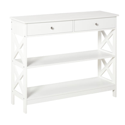 Entryway Console Table with 2 Drawers and 2 Lower Shelves Modern Furniture Raised Base Anti-Topple Device 100x30.5x80 cm White