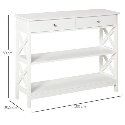 Entryway Console Table with 2 Drawers and 2 Lower Shelves Modern Furniture Raised Base Anti-Topple Device 100x30.5x80 cm White