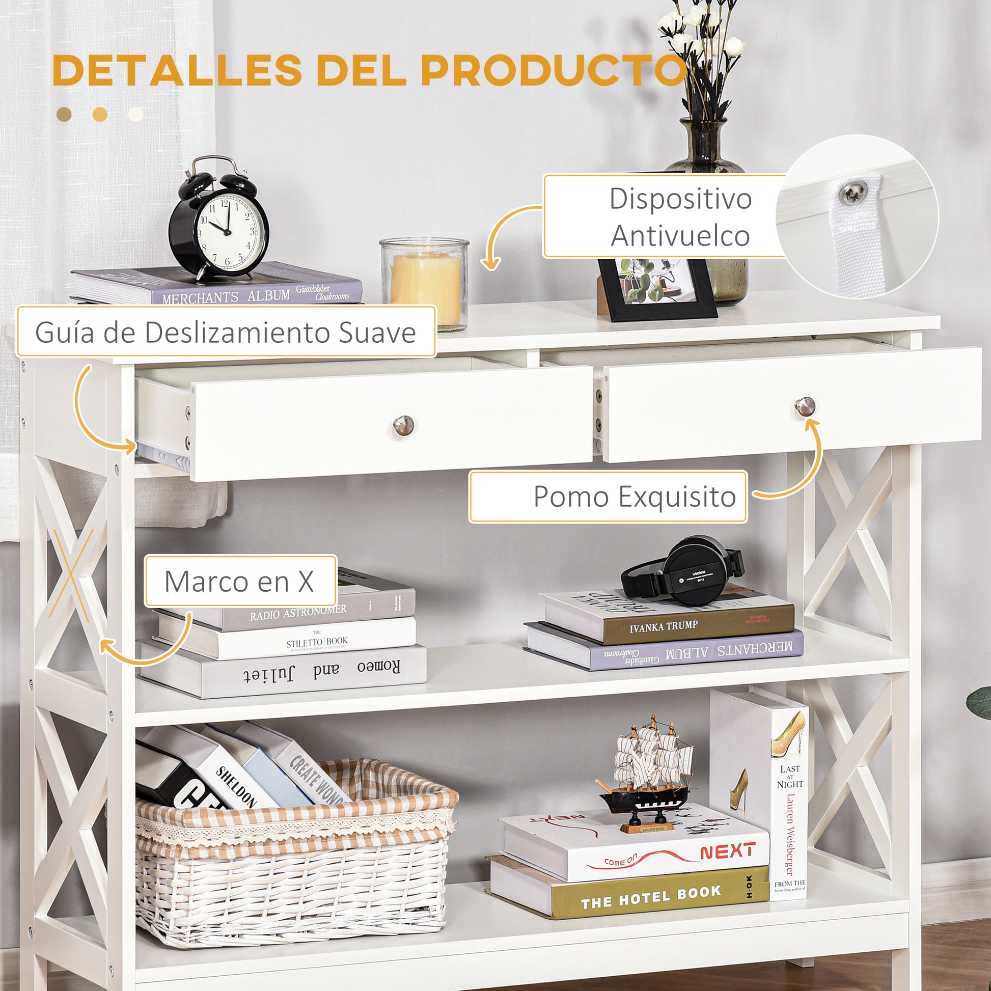 Entryway Console Table with 2 Drawers and 2 Lower Shelves Modern Furniture Raised Base Anti-Topple Device 100x30.5x80 cm White