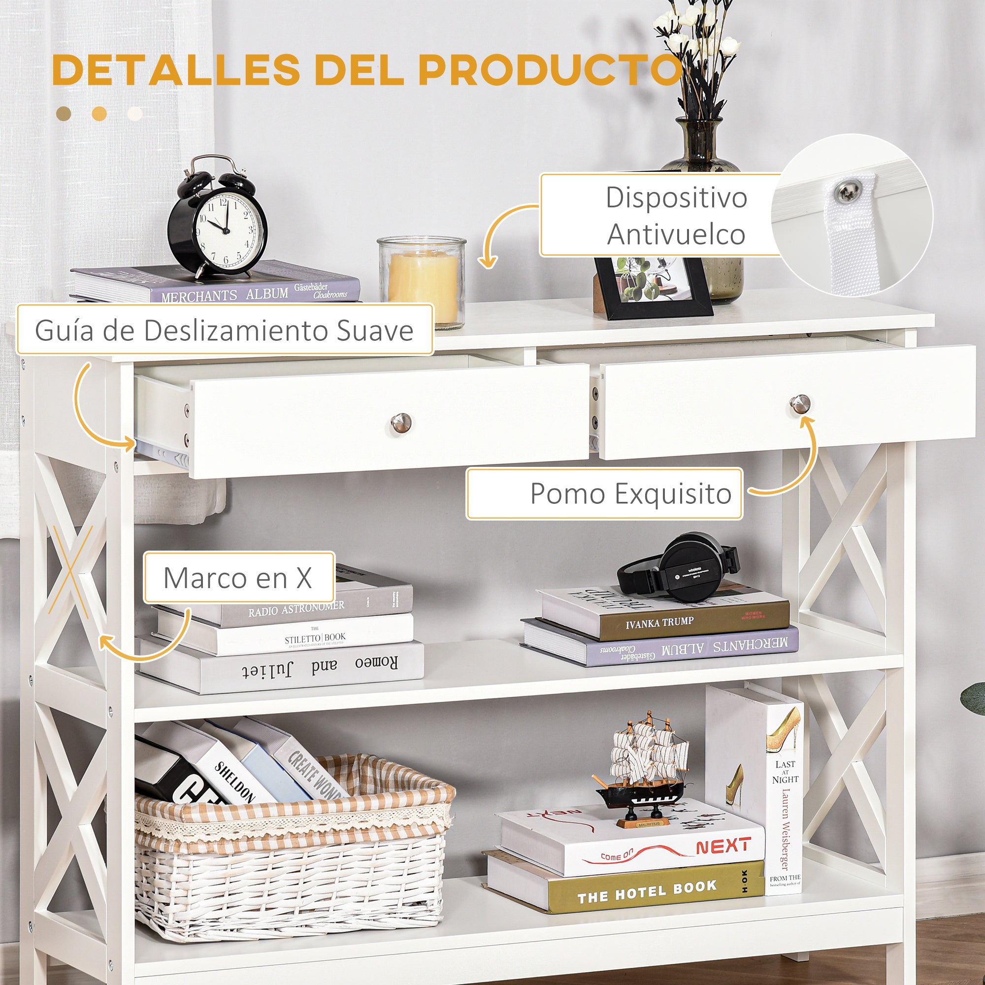 Entryway Console Table with 2 Drawers and 2 Lower Shelves Modern Furniture Raised Base Anti-Topple Device 100x30.5x80 cm White