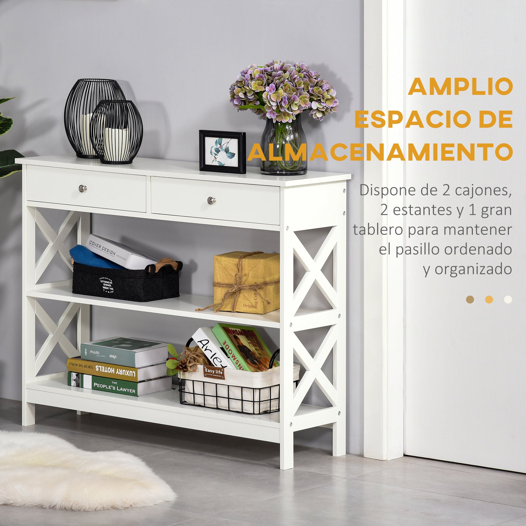 Entryway Console Table with 2 Drawers and 2 Lower Shelves Modern Furniture Raised Base Anti-Topple Device 100x30.5x80 cm White