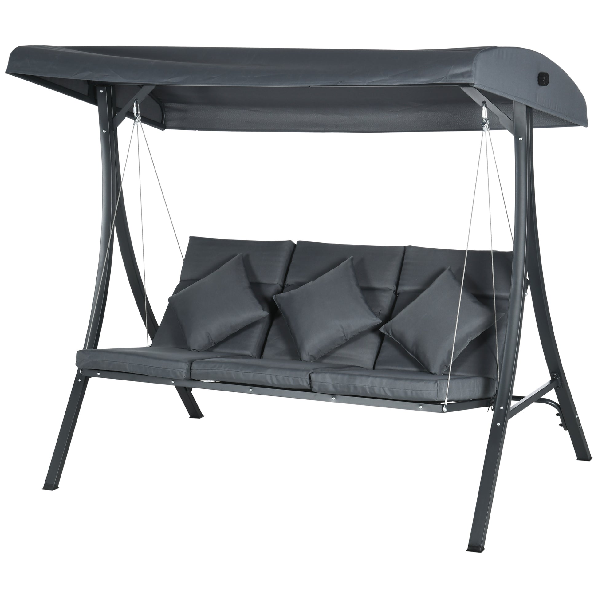 3-Seater Garden Swing with Adjustable Awning, 3 Cushions, and Steel Frame for Terrace Patio Balcony Load 320 kg 202x115x168 cm Dark Grey
