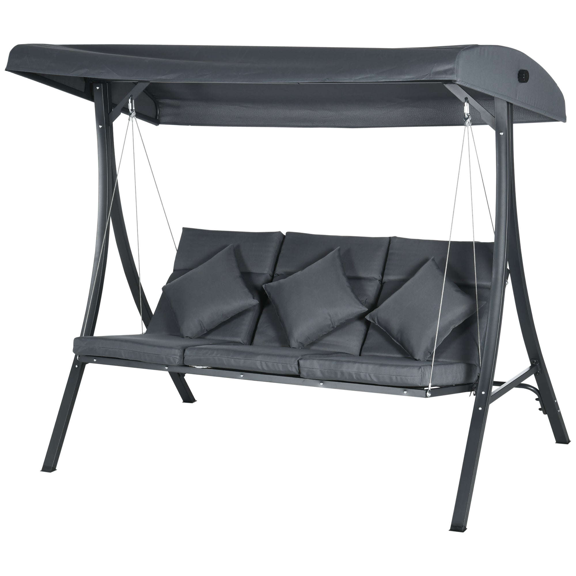 3-Seater Garden Swing with Adjustable Awning, 3 Cushions, and Steel Frame for Terrace Patio Balcony Load 320 kg 202x115x168 cm Dark Grey