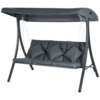3-Seater Garden Swing with Adjustable Awning, 3 Cushions, and Steel Frame for Terrace Patio Balcony Load 320 kg 202x115x168 cm Dark Grey