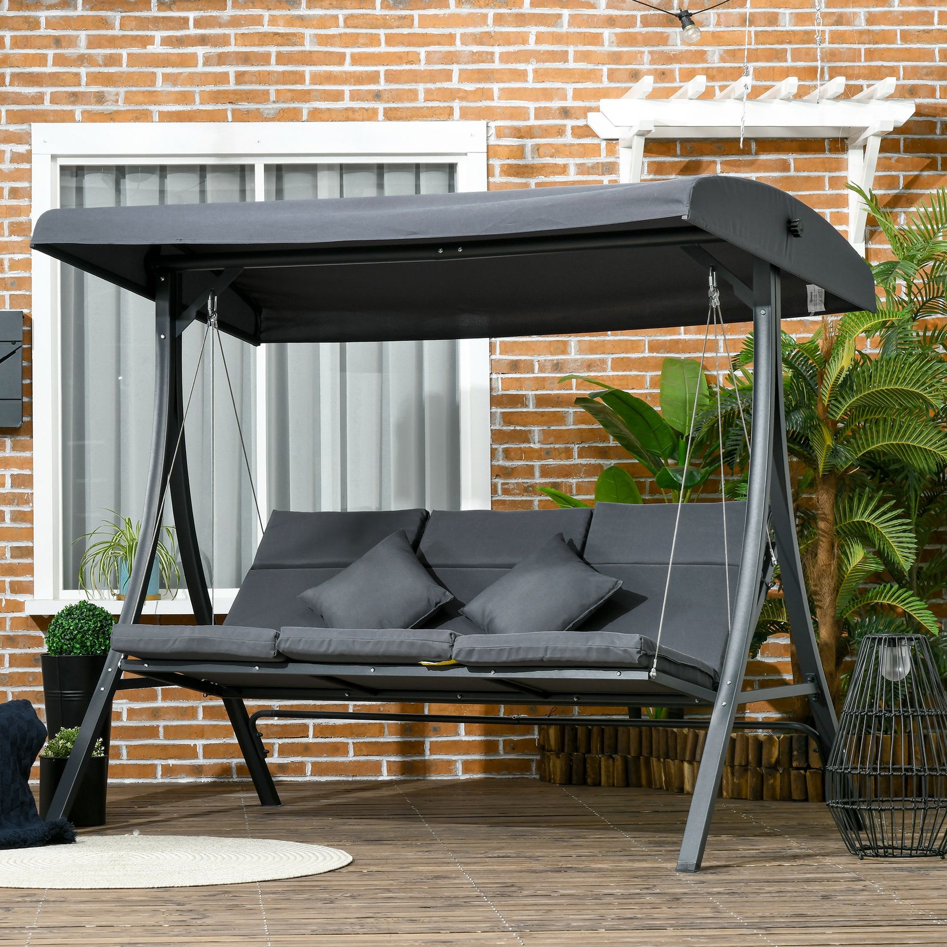 3-Seater Garden Swing with Adjustable Awning, 3 Cushions, and Steel Frame for Terrace Patio Balcony Load 320 kg 202x115x168 cm Dark Grey