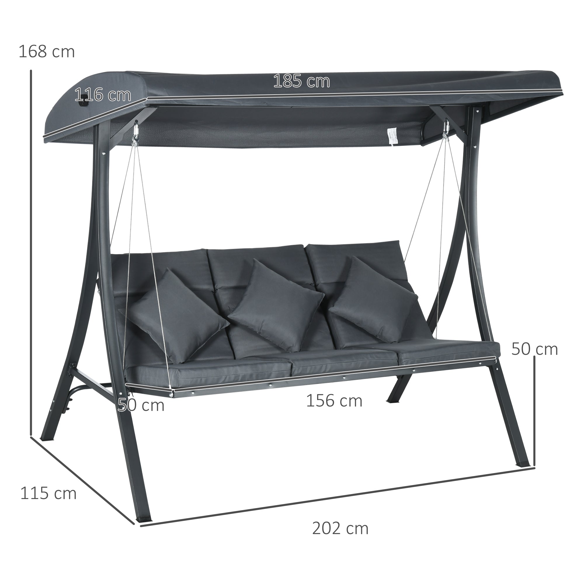 3-Seater Garden Swing with Adjustable Awning, 3 Cushions, and Steel Frame for Terrace Patio Balcony Load 320 kg 202x115x168 cm Dark Grey